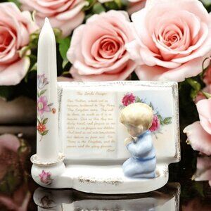 Vintage The Lords Prayer Praying Boy Planter Faux Candle 1956 Floral Design L&M